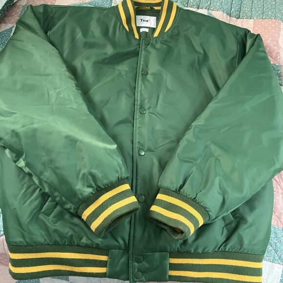 Aritzia TNA Stadium Jacket Womens L Green Bomber Satin Varsity - Picture 9 of 12